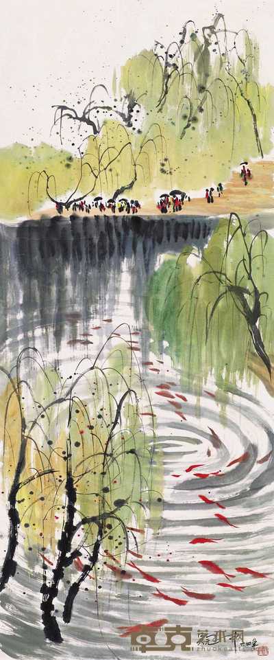 吴冠中 柳塘金鱼 立轴 138×57cm